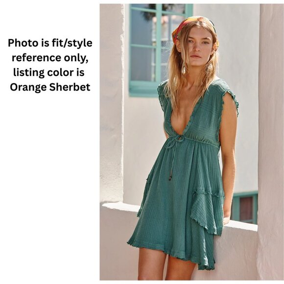 FREE PEOPLE "Antoinette" Deep V Sleeveless Baby Doll Boho Mini Dress, Orange - L - Picture 12 of 12